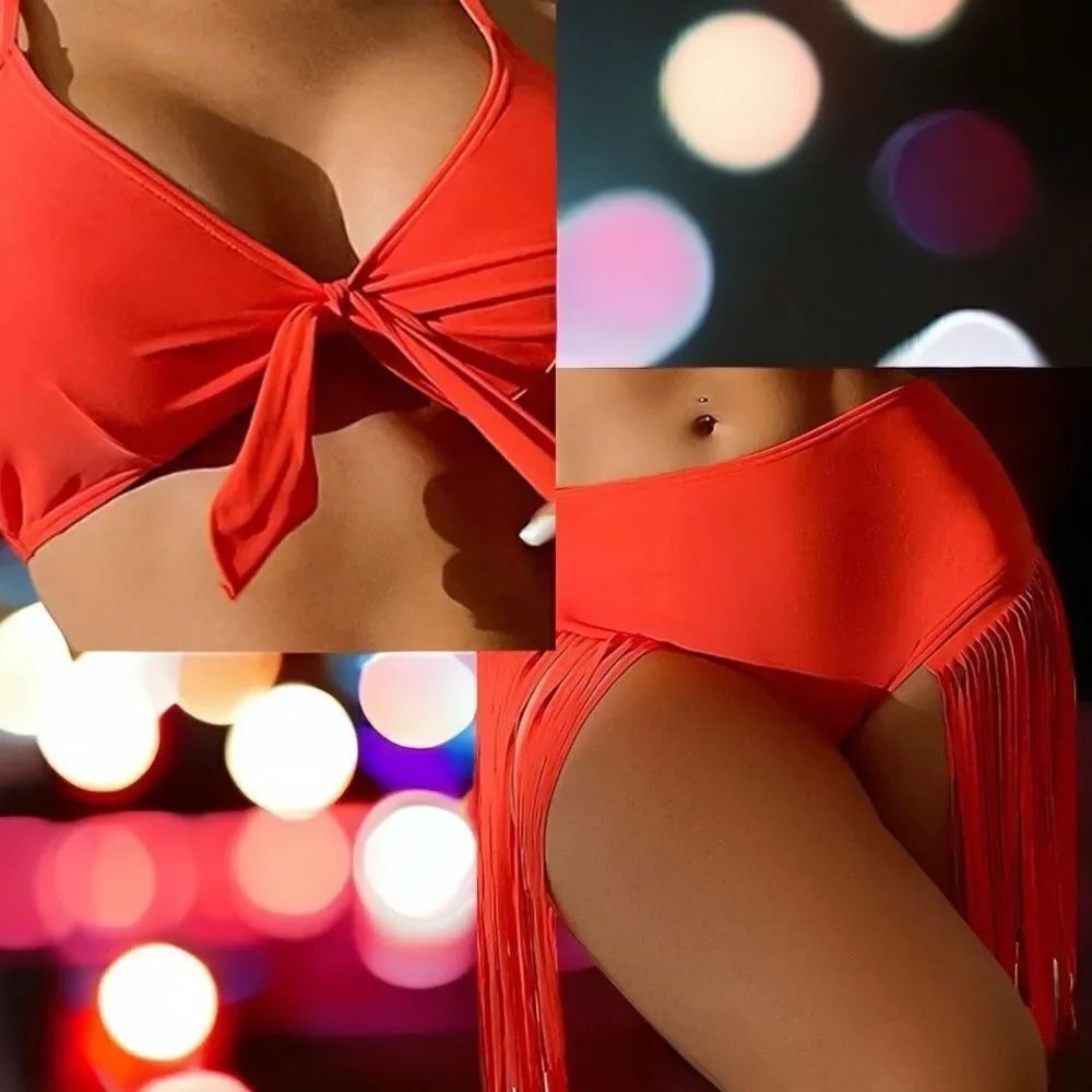 Neon Orange l Fringed Bikini l Front Tie Decor l Bottom Fringe l Small l New
